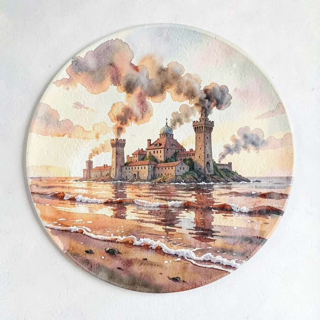 Wide painterly plate of a sinking shoreline kingdom with half-submerged towers e