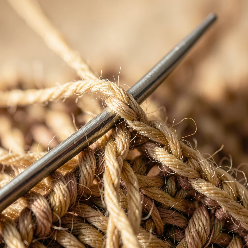 A knitting needle tip with stitches: the metal needle, the yarn loops on it, rea
