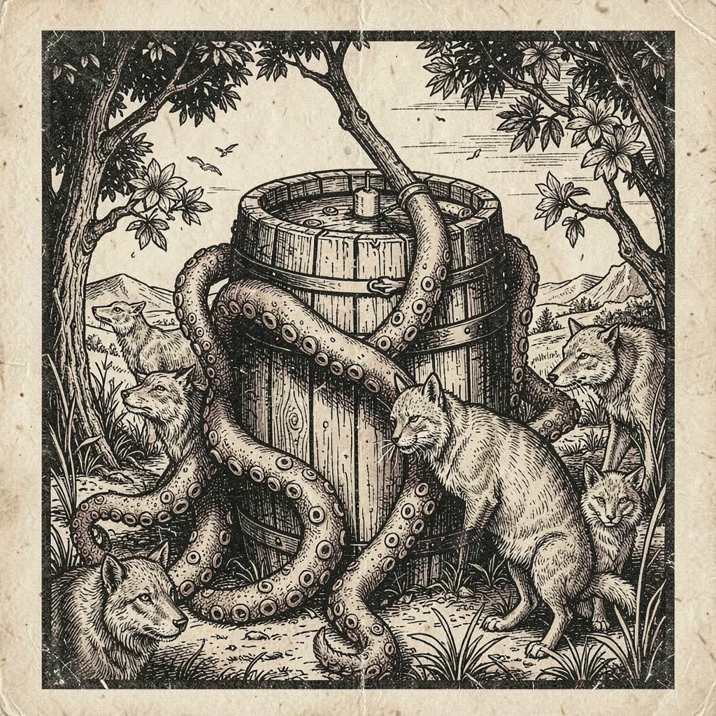 Craft beer label illustration, Octopus tentacles wrapped around beer barrel , br