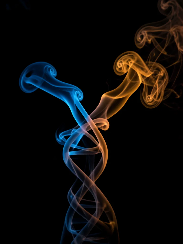 Two streams of colored smoke — one blue, one amber — colliding and interweaving 