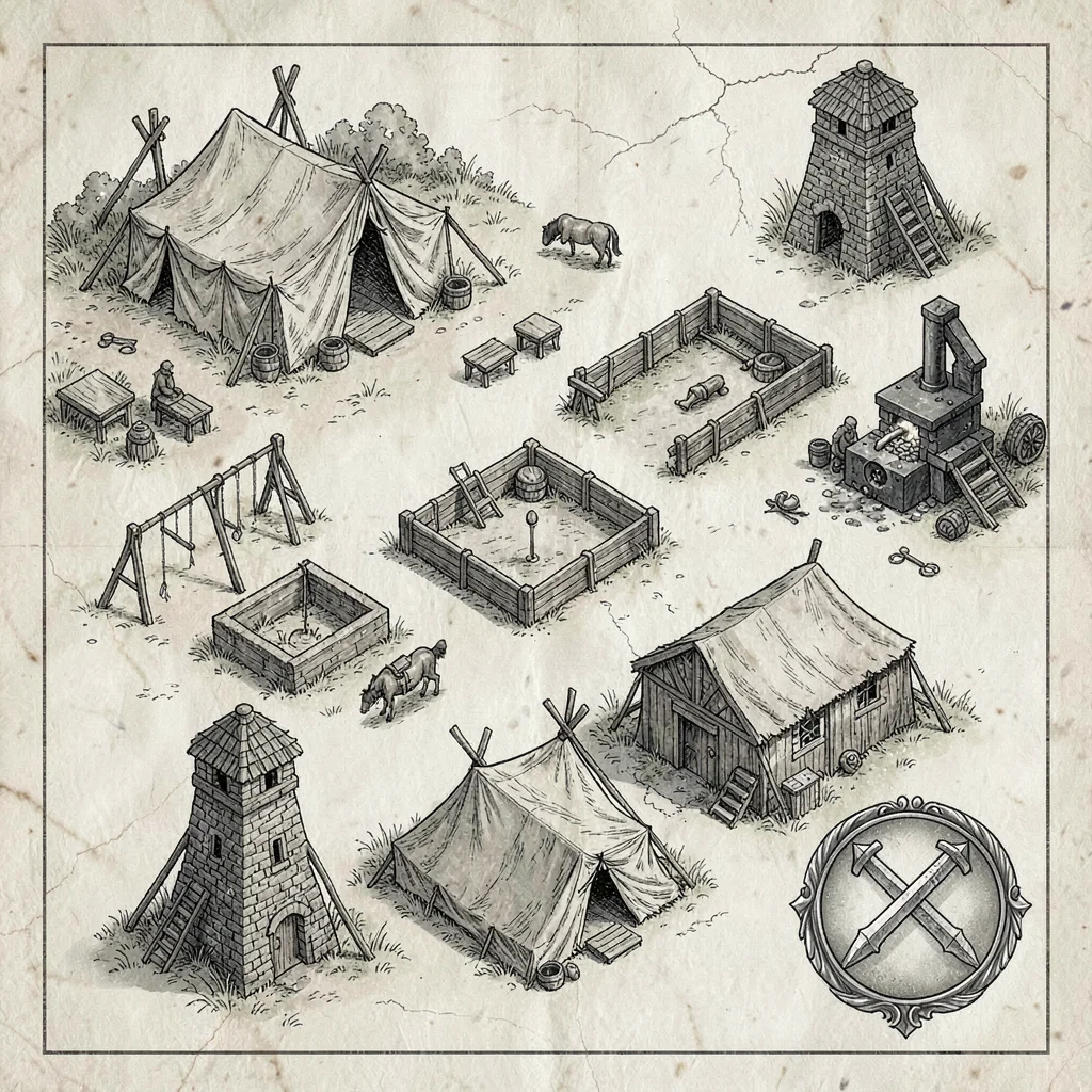 A low-fantasy mercenary-company camp plan with command tent, training pits, blac