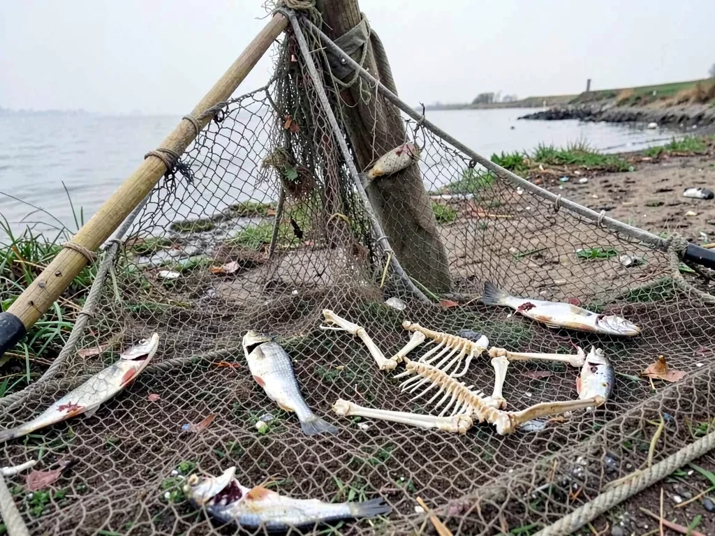 Fisherman's net stretched to dry, fish skeletons caught in mesh