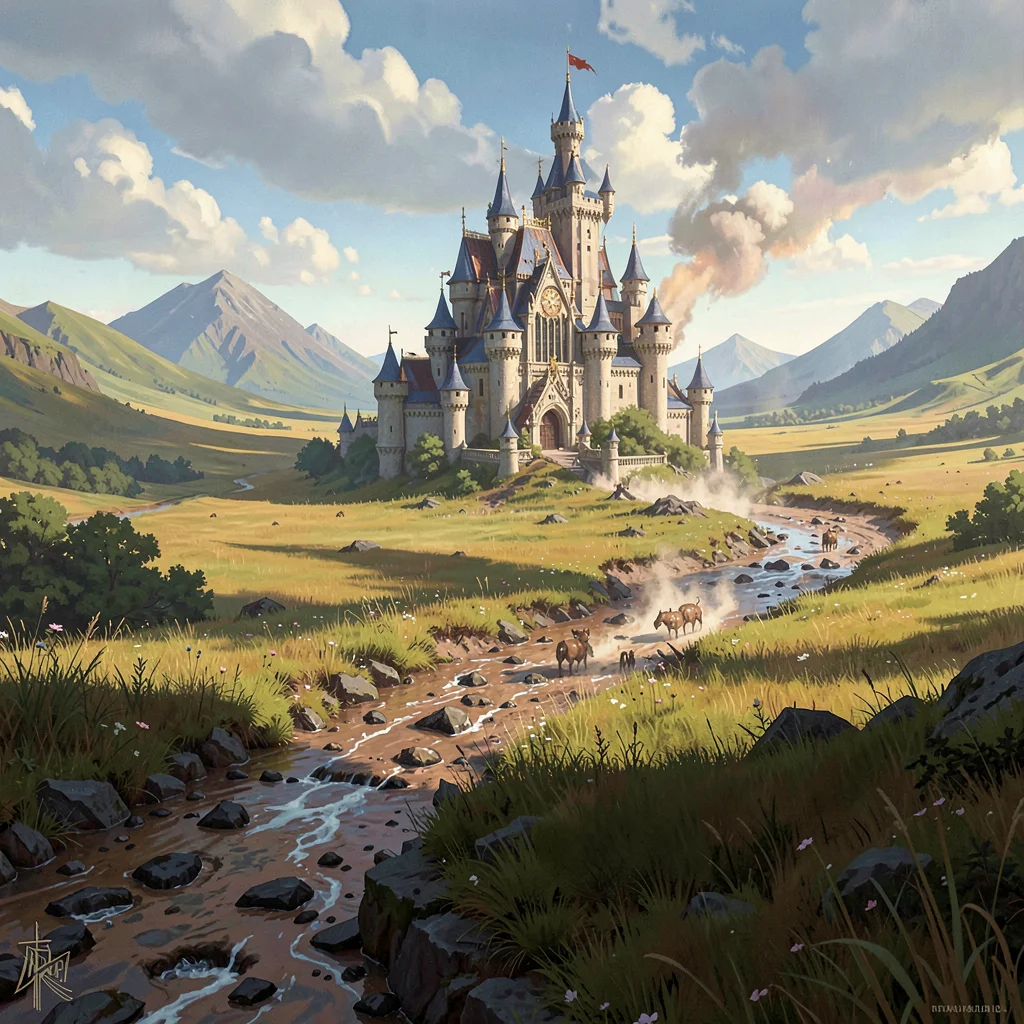 Fantasy environment illustration, a moving castle crossing plains, leaving trail