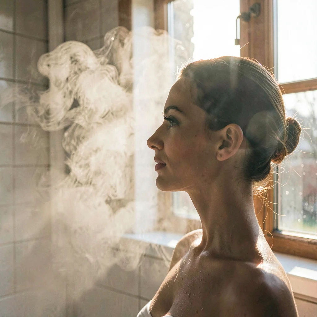 Editorial of a model's profile through a haze of bath steam against a sunlit win