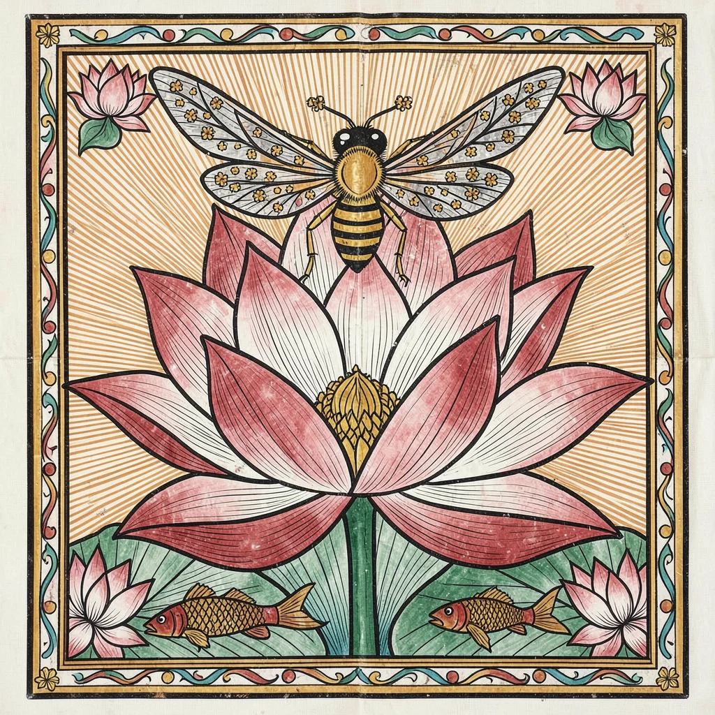 Bee hovering above a giant open lotus — wings spread symmetrically, pollen detai