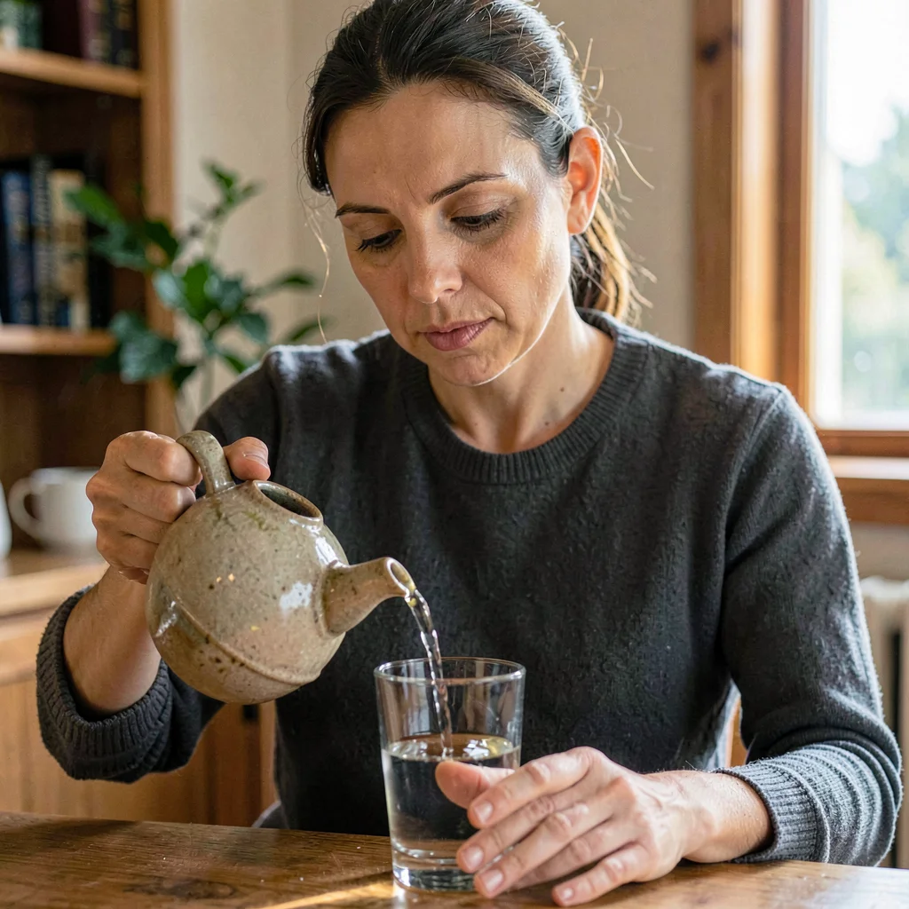 Vertical portrait of a counselor pouring water from a stoneware pitcher into a g