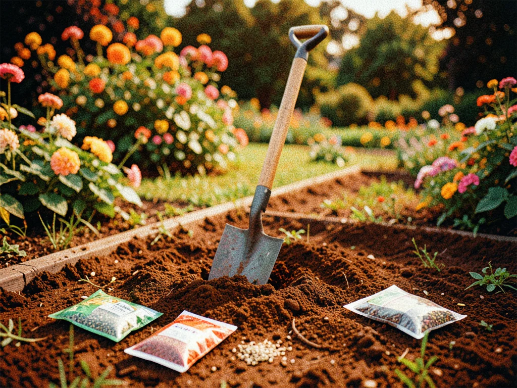 A freshly turned garden bed with a spade stuck in the soil and packets of seeds 
