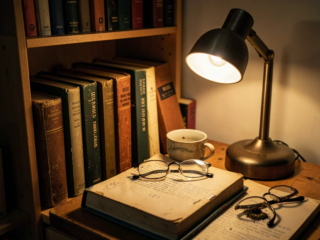 Reading session ended empty cup glasses on closed book