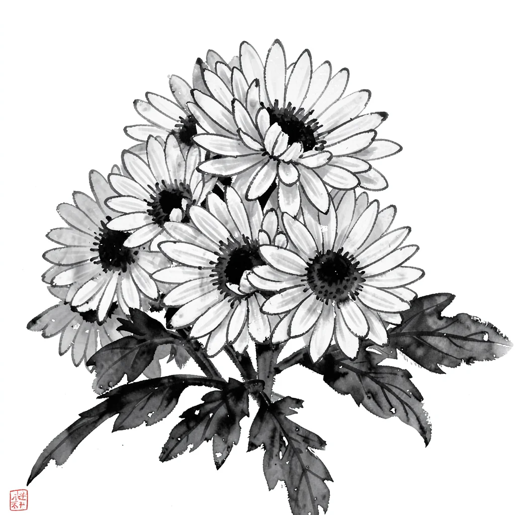 Chrysanthemum cluster in full bloom, dark centres, pale radiating petals