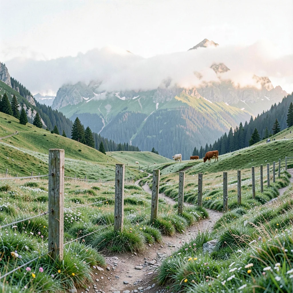 Fresh Alpine atmosphere, gentle pastoral quality, Wooden fence posts along mount