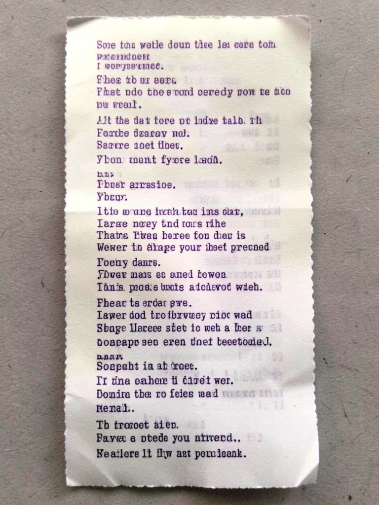 A long receipt where the line items gradually transform from grocery products in