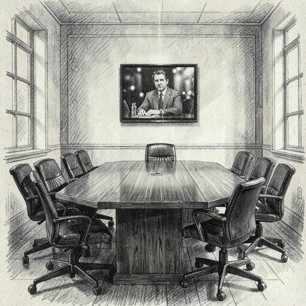 Editorial charcoal of a meeting room with a film still on the wall, deep blacks 