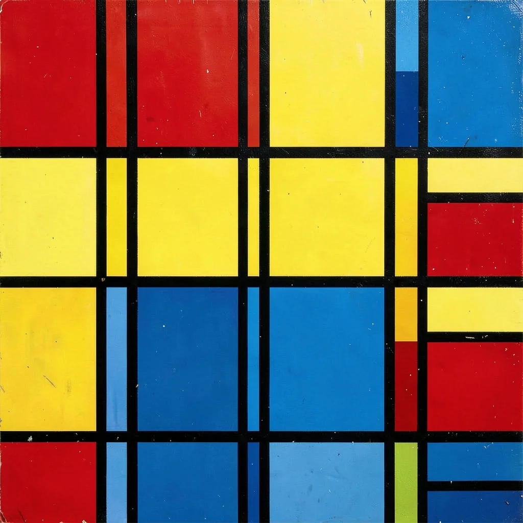Close-up of a painted window grid — red, yellow, blue panes and black mullions