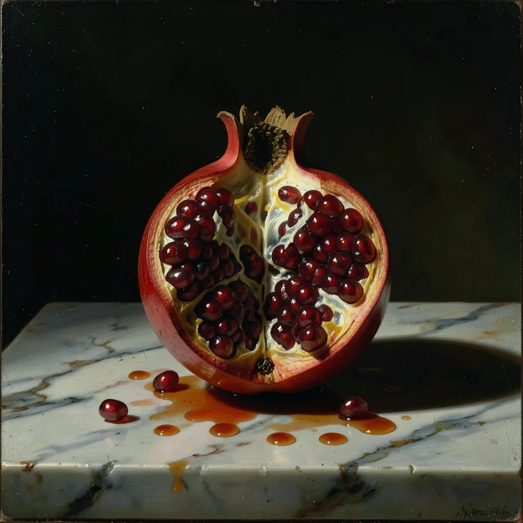Single pomegranate split open revealing seeds, juice staining white marble, Cara
