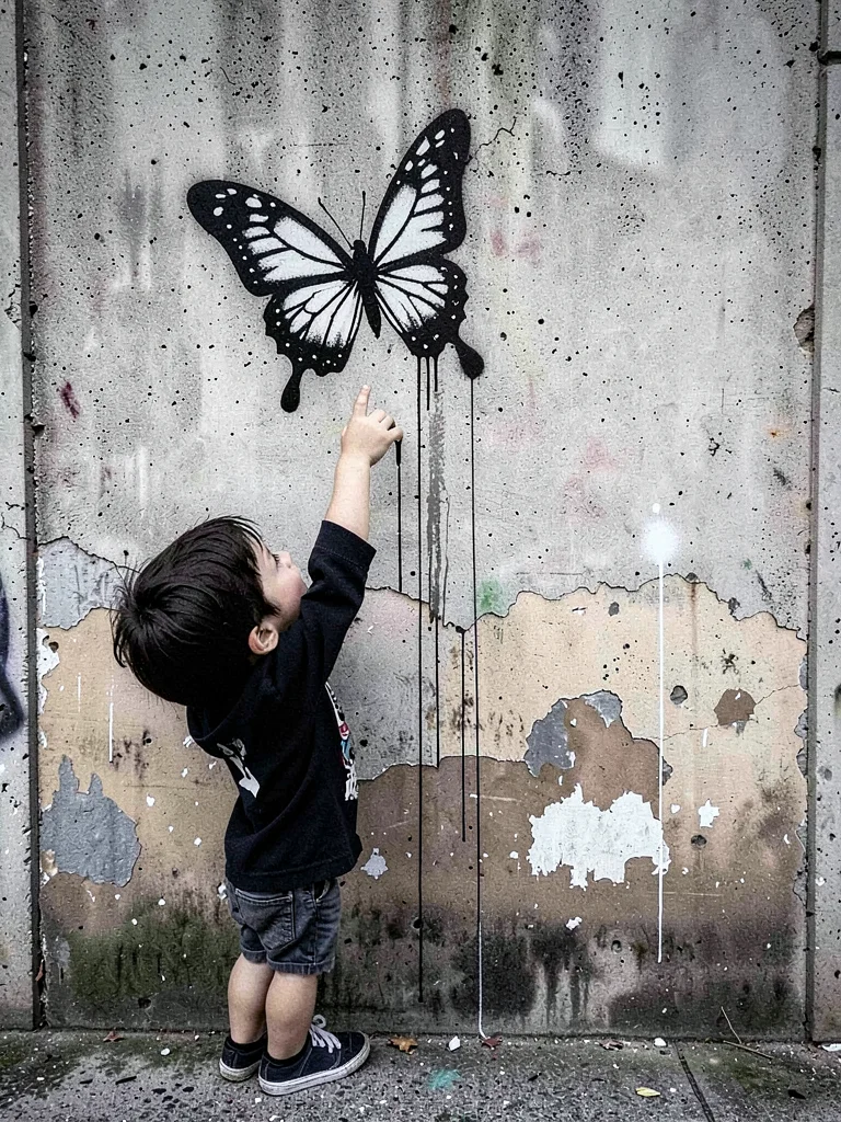 Child reaching up to release a butterfly, spray-painted on weathered concrete — 