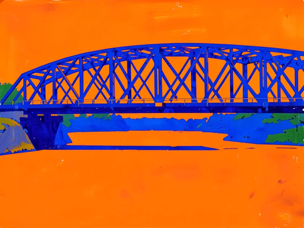 Bridge over a river — the water flat bright orange, the iron structure cobalt bl
