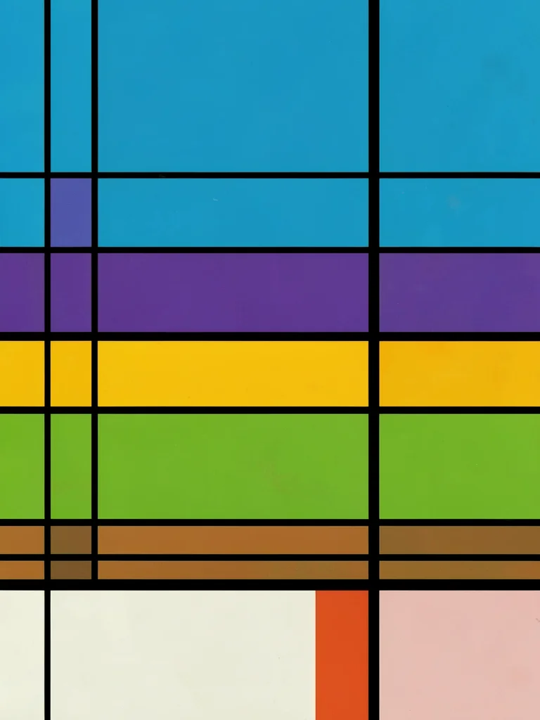 Garden path reduced to horizontal bands — earth, lawn, sky — in primary colors