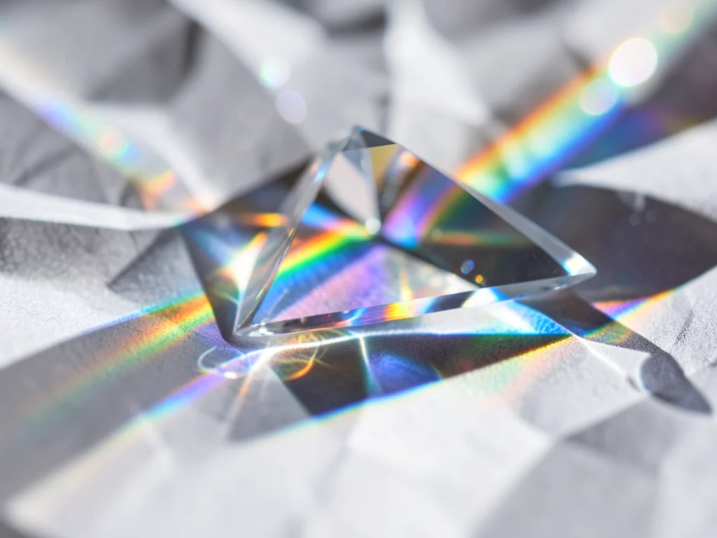Rainbow caustic pool of light on crumpled white paper, the paper folds creating 