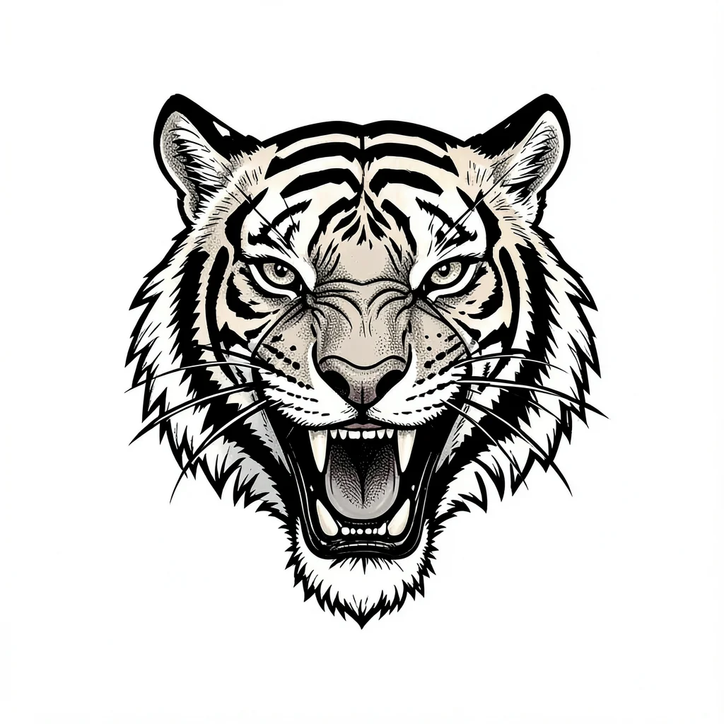 Traditional tattoo flash illustration, Tiger head roaring, front facing , bold b