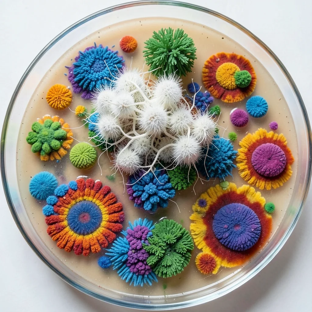Fungal colony aerial mycelium, fuzzy white growth rising above agar surface, thr