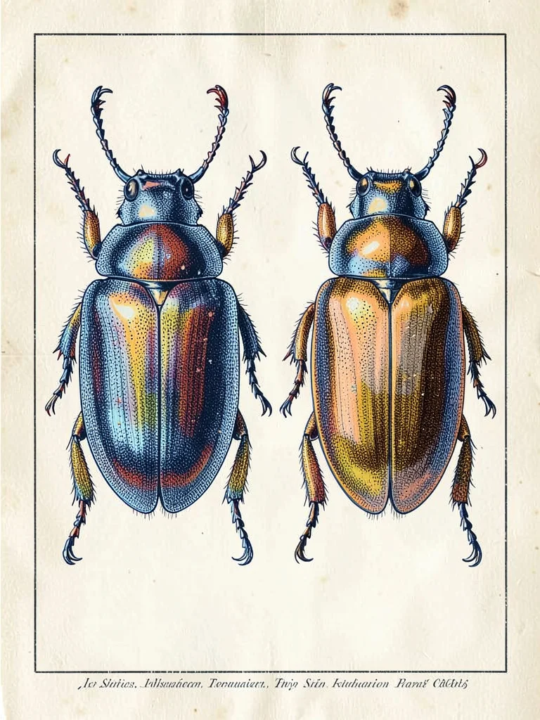 Two rare beetles rendered with carapace iridescence implied through varied hatch