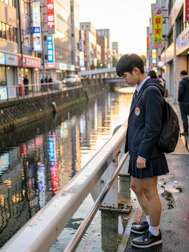 Teenager in school uniform paused on pedestrian bridge, looking down at river, c