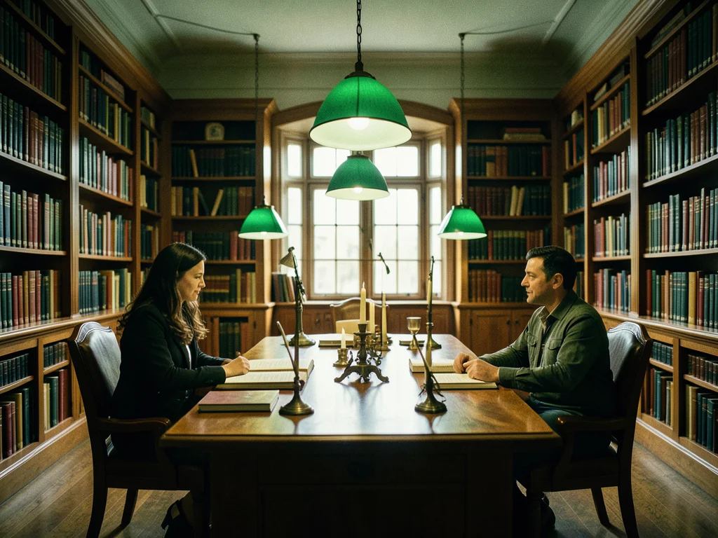 A library interior, two people seated at opposite ends of a long reading table, 