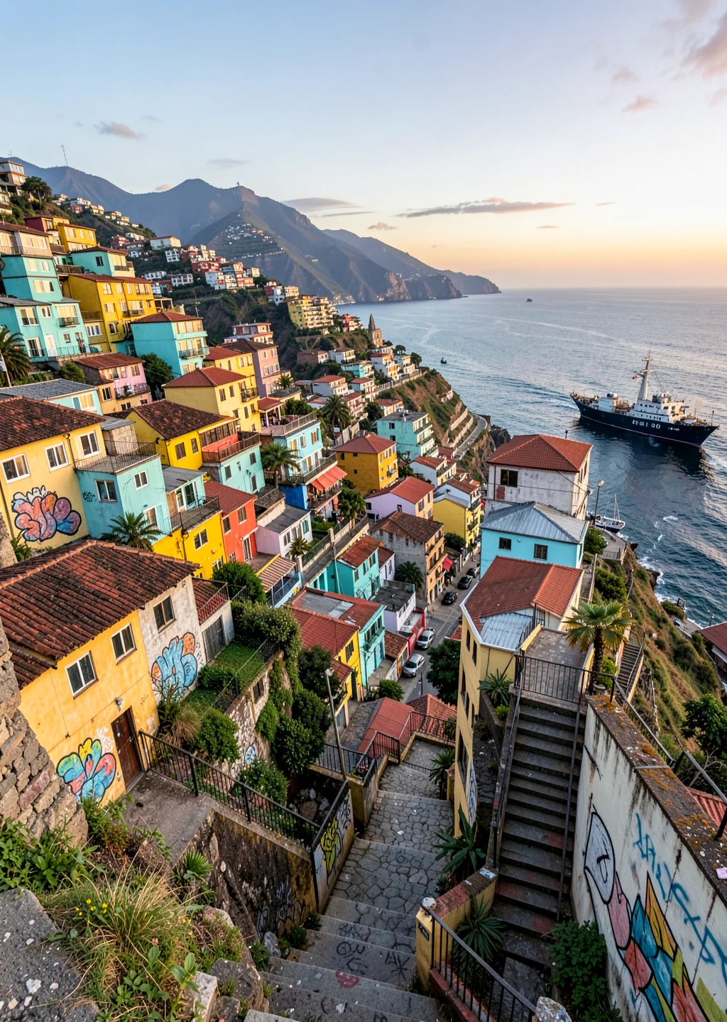 Impossible hill perspectives of Valparaíso, Chile, steep hillside stairway betwe
