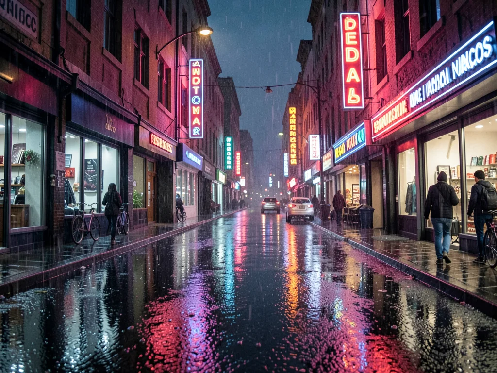 Rain-slicked neon street