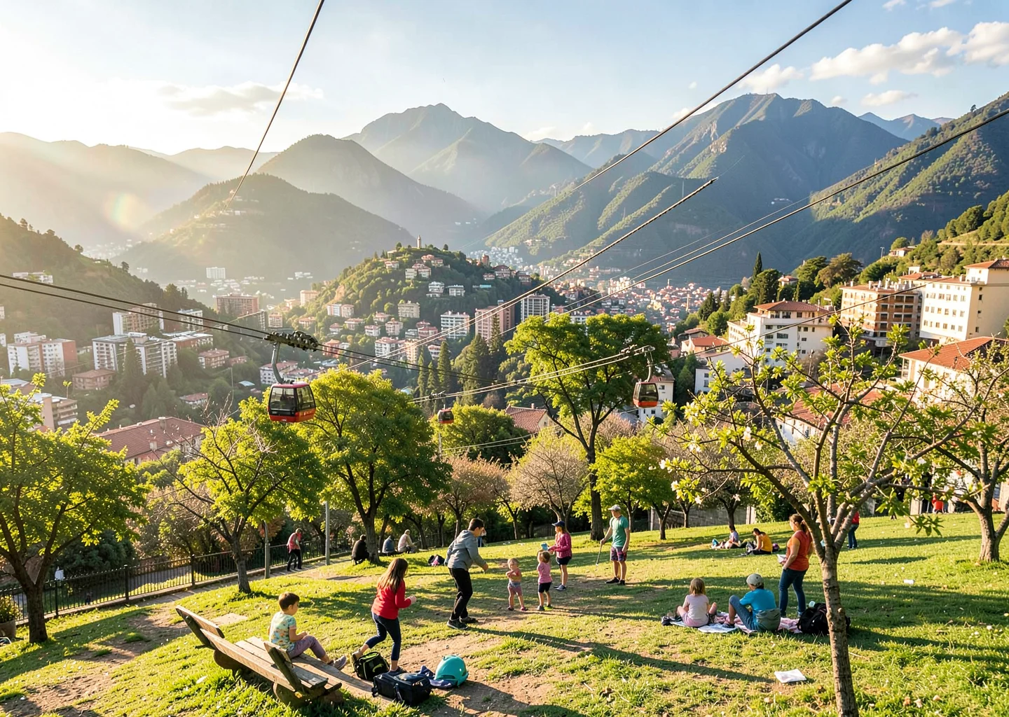 Eternal spring light over transforming Medellín, community park with children pl
