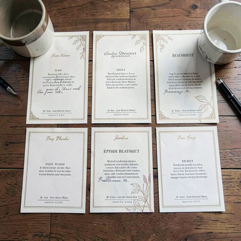Episode beatsheet grid of nine cards spread across a table, marker annotations, 