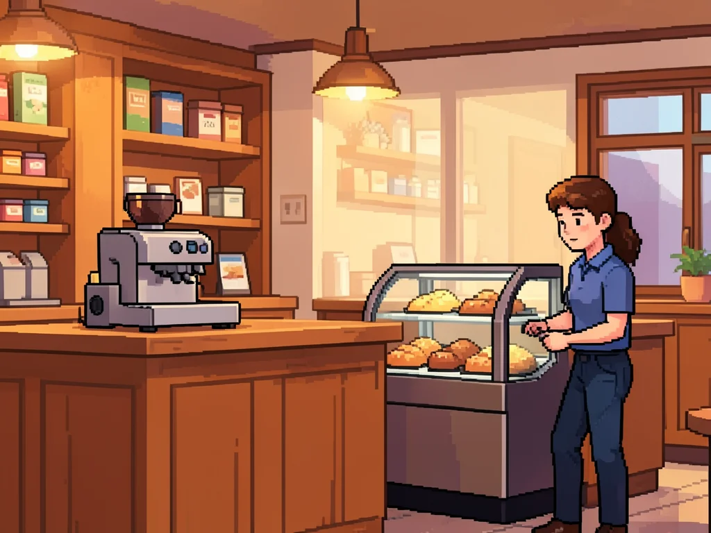 A pixel art coffee shop interior: counter with tiny espresso machine, pastry cas