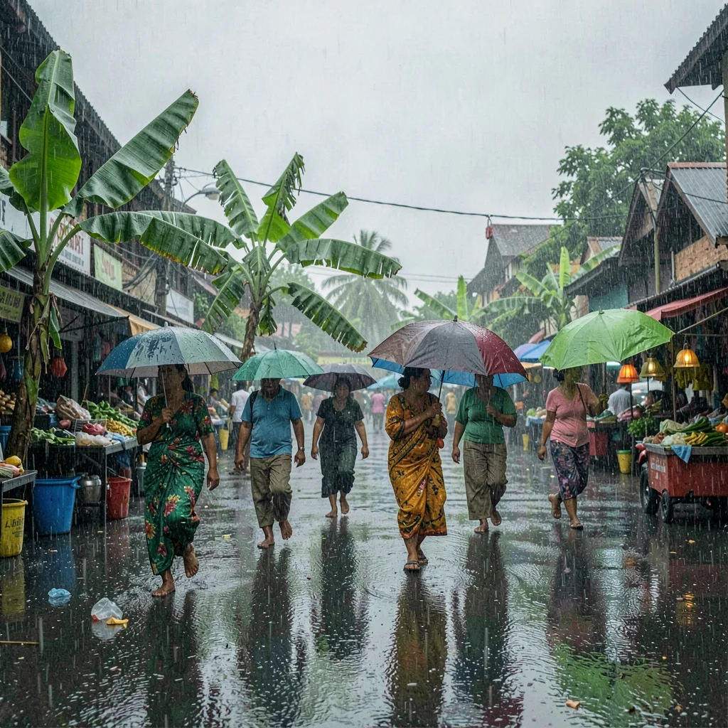 Monsoon season photograph, heavy rain atmosphere, Banana leaves used as makeshif