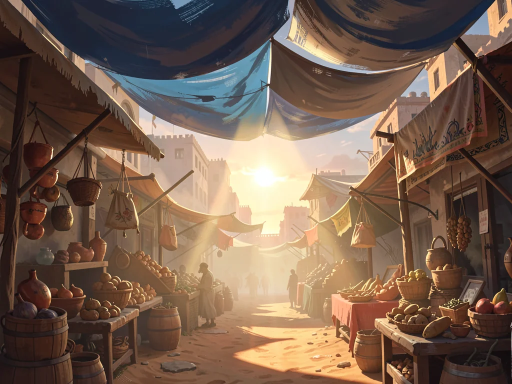 Rooftop bazaar in a desert city, single sunrise beam through dust haze, warm san