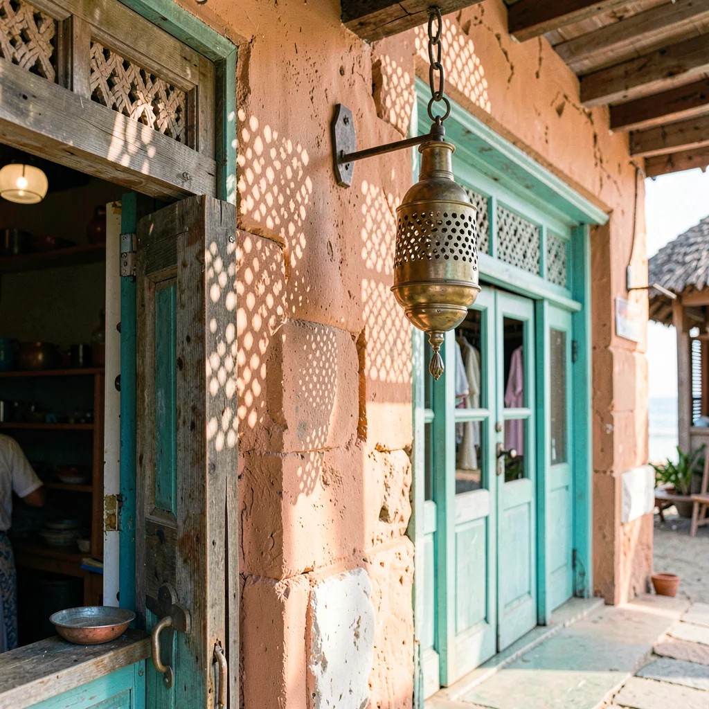 Coastal architecture photograph with Swahili influences, Indian brass lamp with 