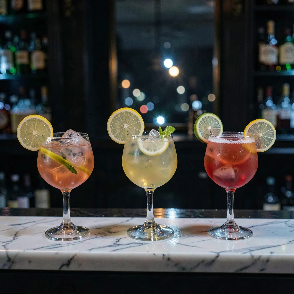 Nocturnal scene of three different cocktails lined on a marble bar, citrus garni