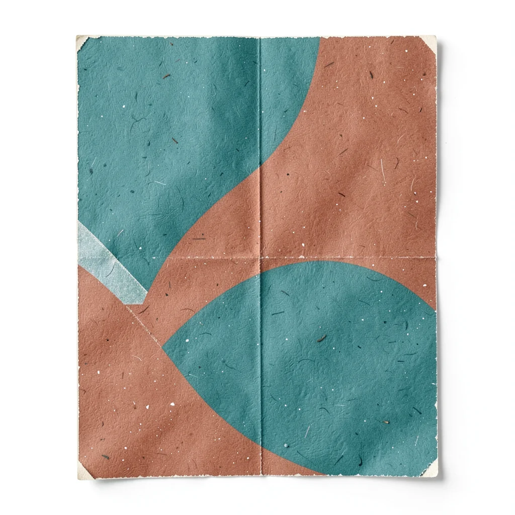 Riso-printed poster of overlapping abstract shapes in two-tone teal and rust, re
