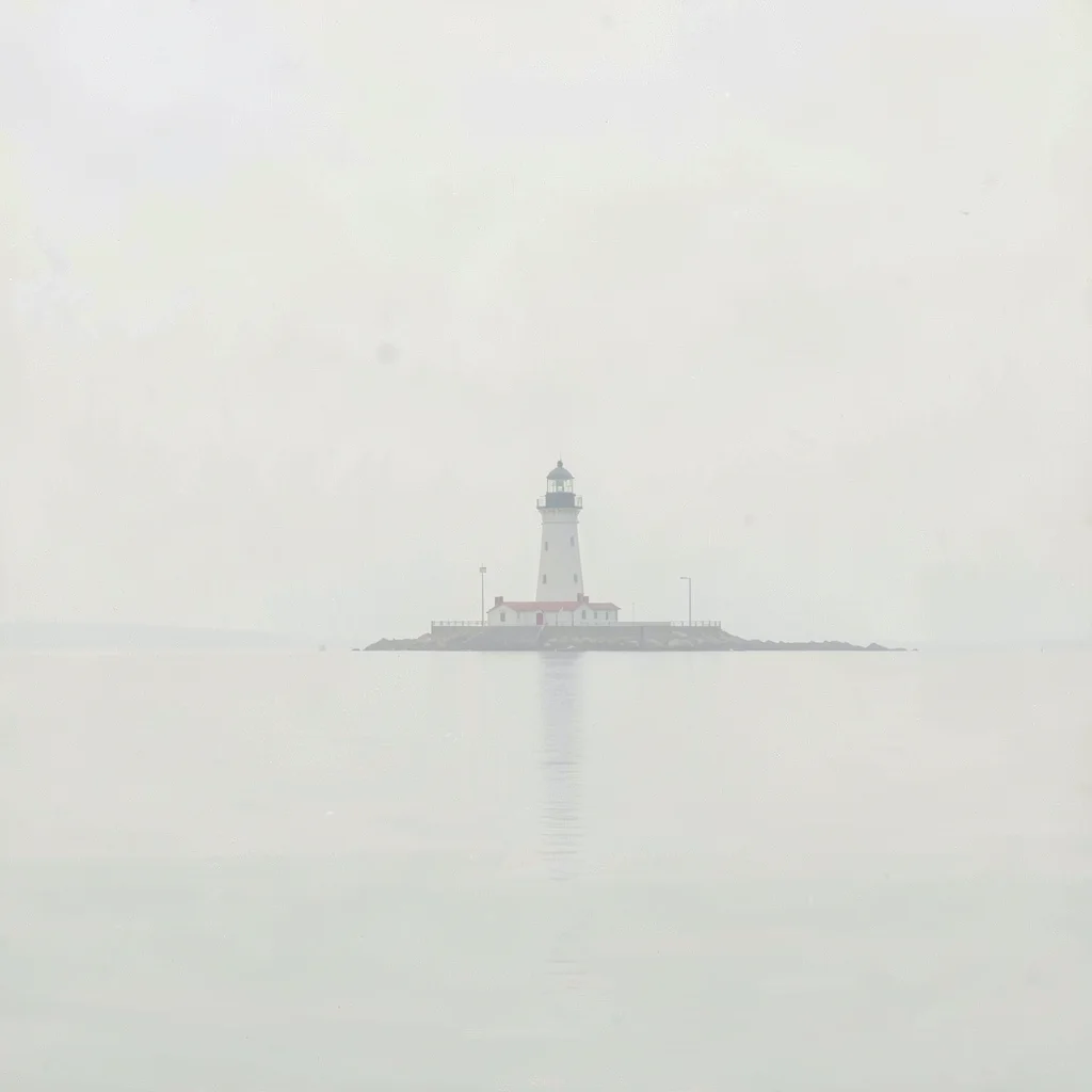 Caisson lighthouse far from any shore, the sea around it perfectly flat and pale