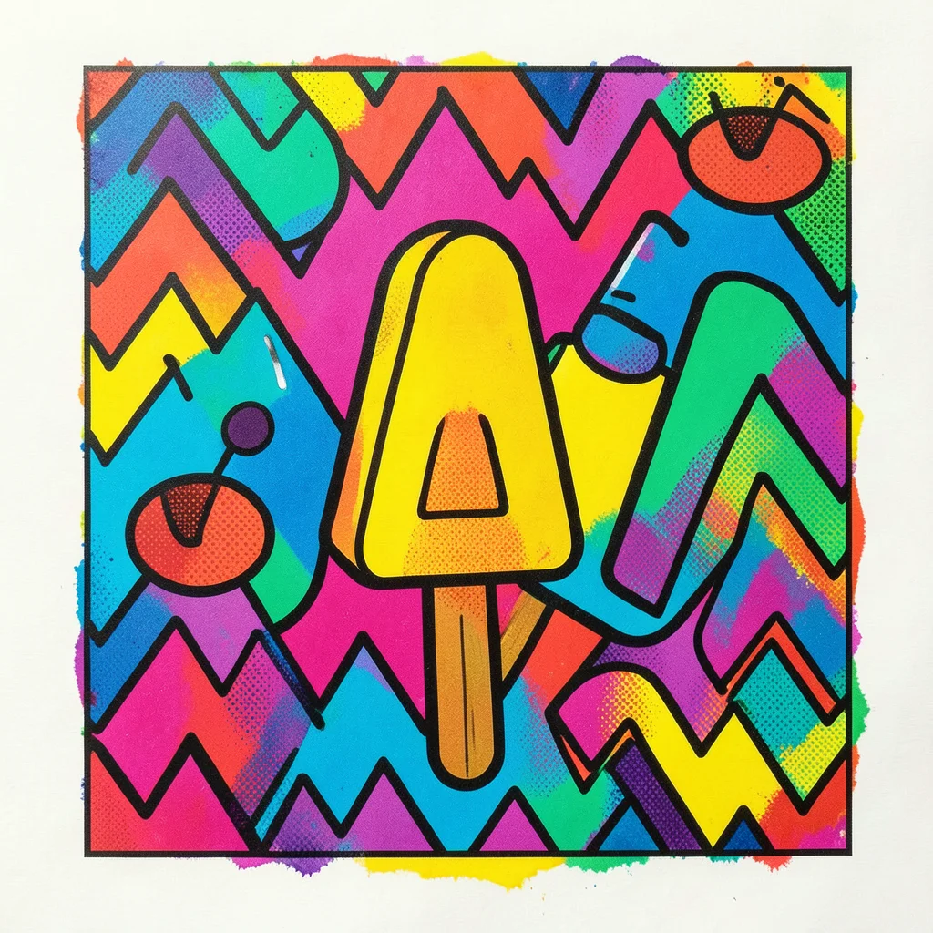 Popsicle shapes in Memphis design, bold outlines, zigzag patterns, neon