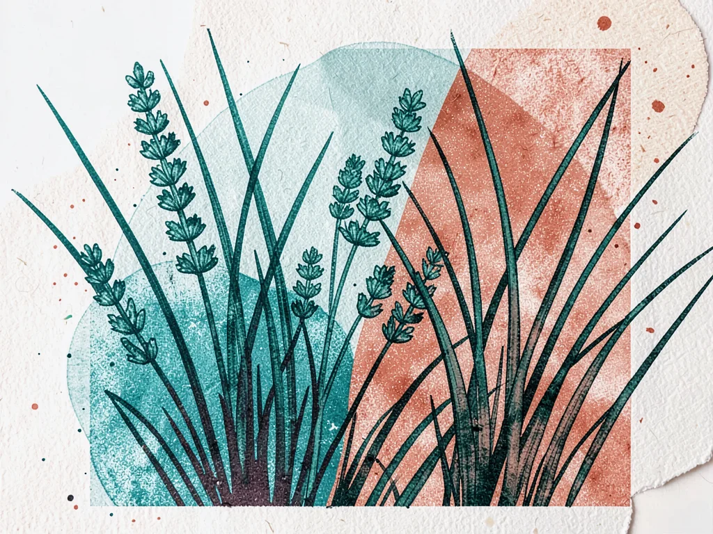 A coastal plant study with sea lavender and grass in teal and terracotta