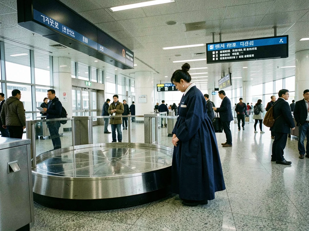 Navy hanbok wearer at airport baggage claim, waiting by empty carousel
