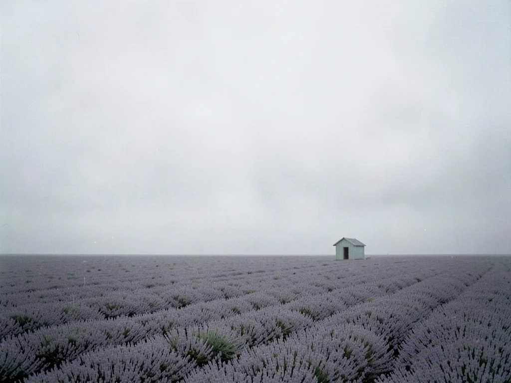 Tiny shed at edge of endless grey lavender field in overcast