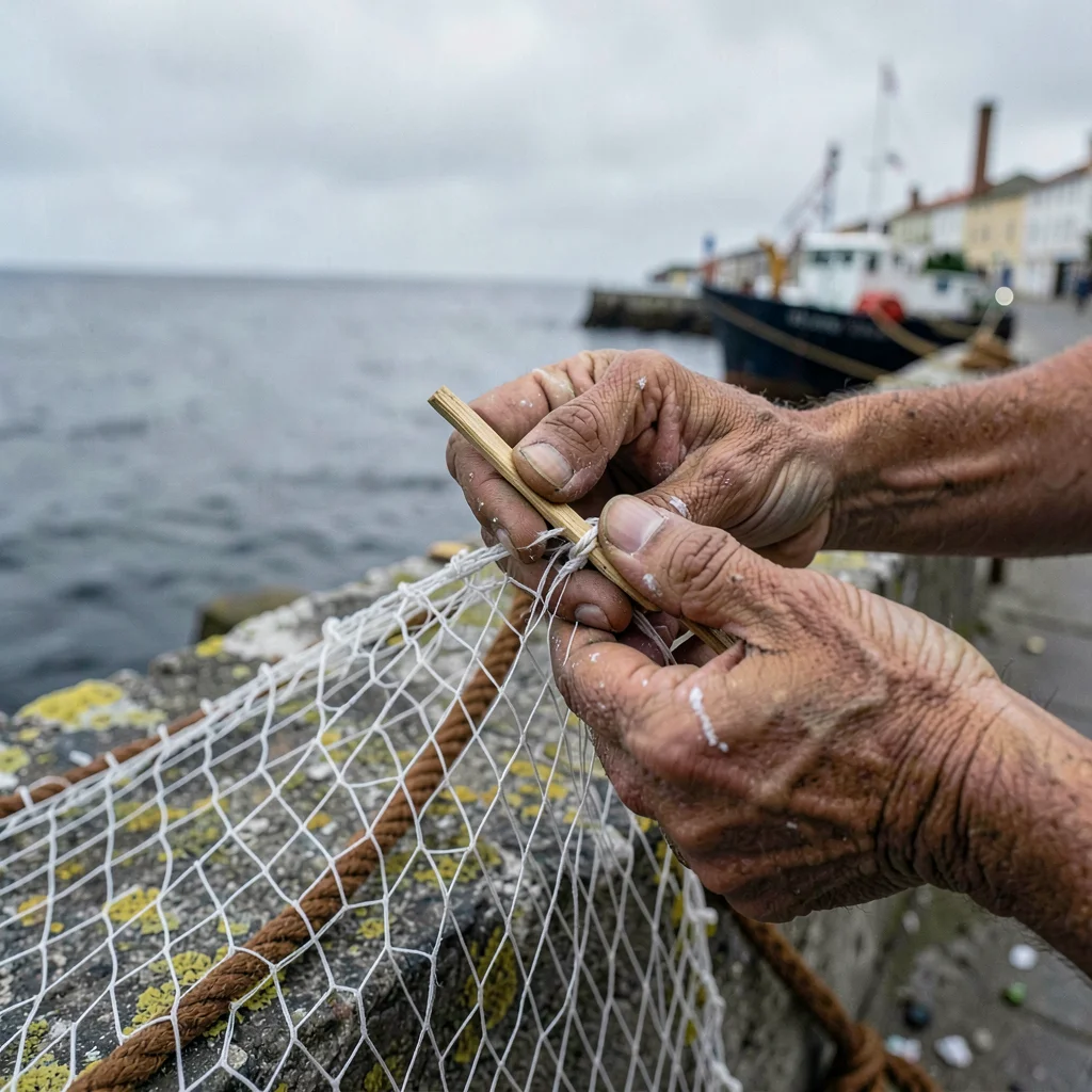 Documentary-style photograph, coastal Galicia, overcast Atlantic light, the work