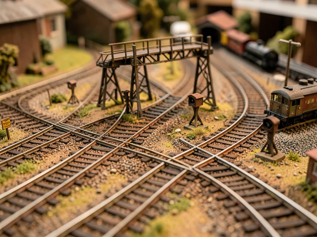A model railroad switchyard: multiple tracks converging, tiny switch stands, a s