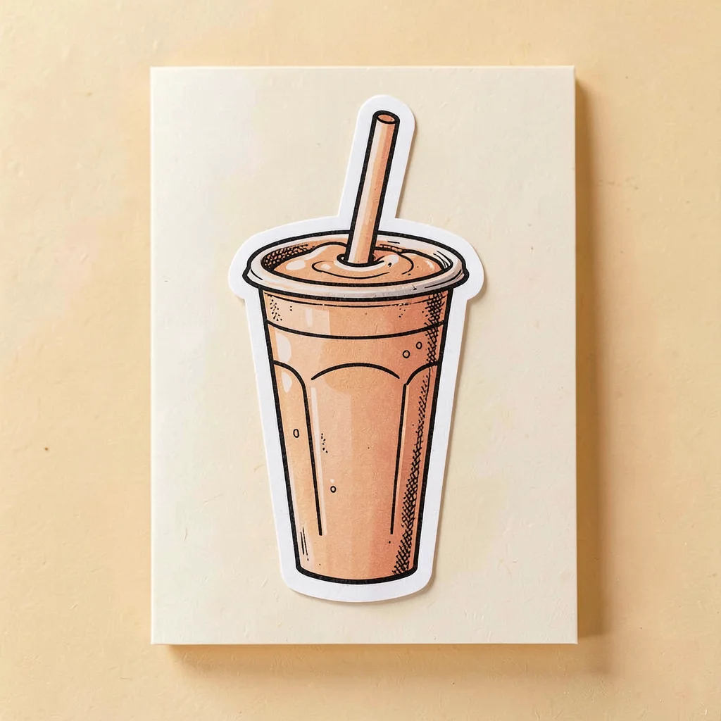 Sticker-pack design of a stylized soda cup with a paper straw, warm peach and in