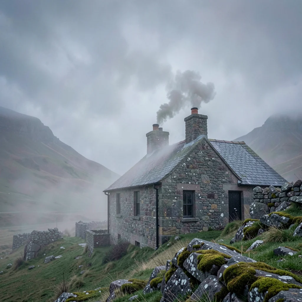 Highland atmospheric mist, Skye grey-green-purple, Stone cottage chimney releasi