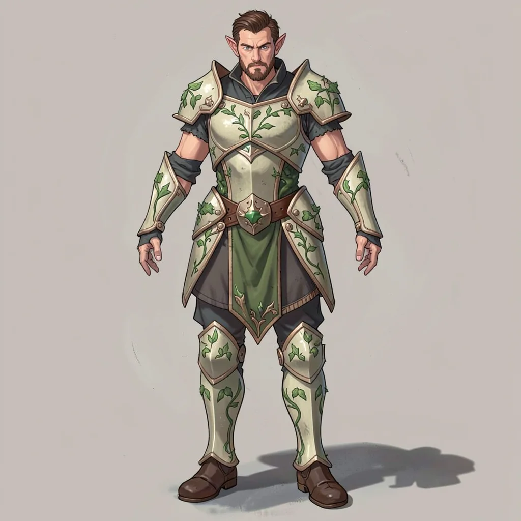Fantasy armor illustration, an elven scout's light armor with leaf patterns and 