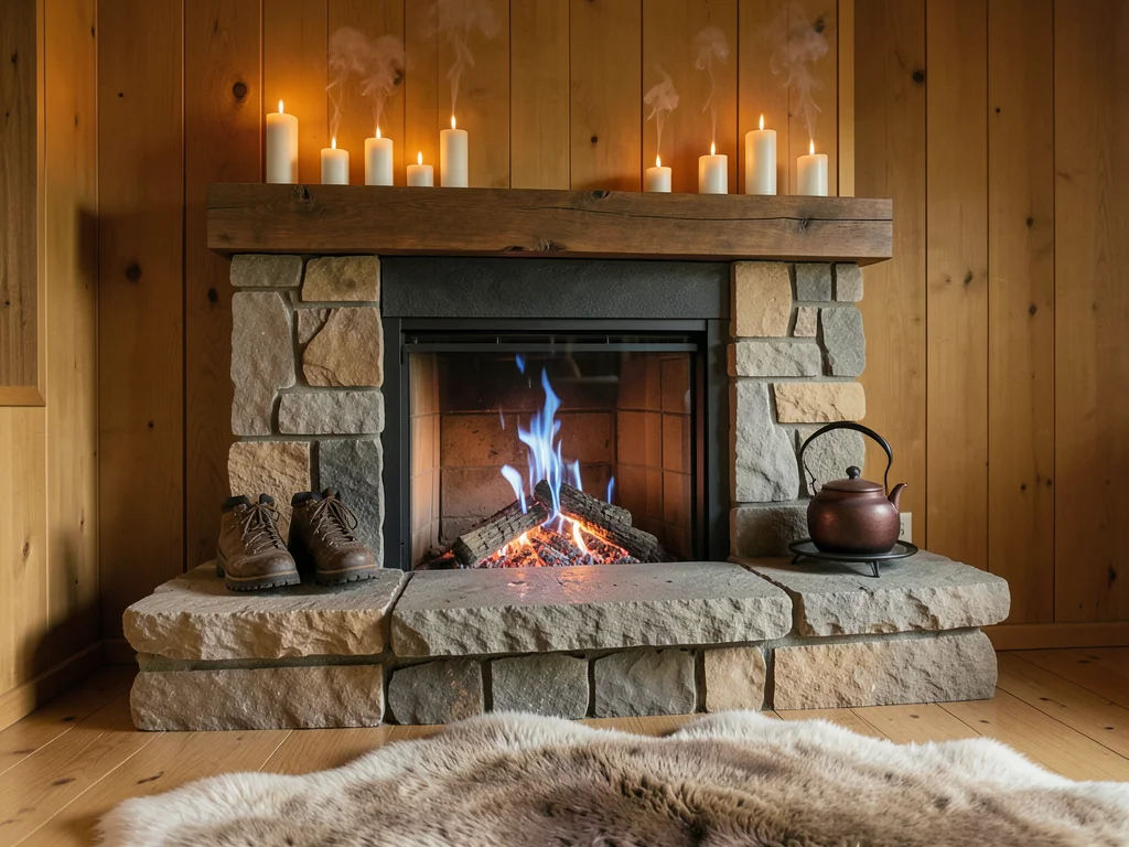 A fireplace hearth in a cabin, a fire burning down to glowing embers and blue fl