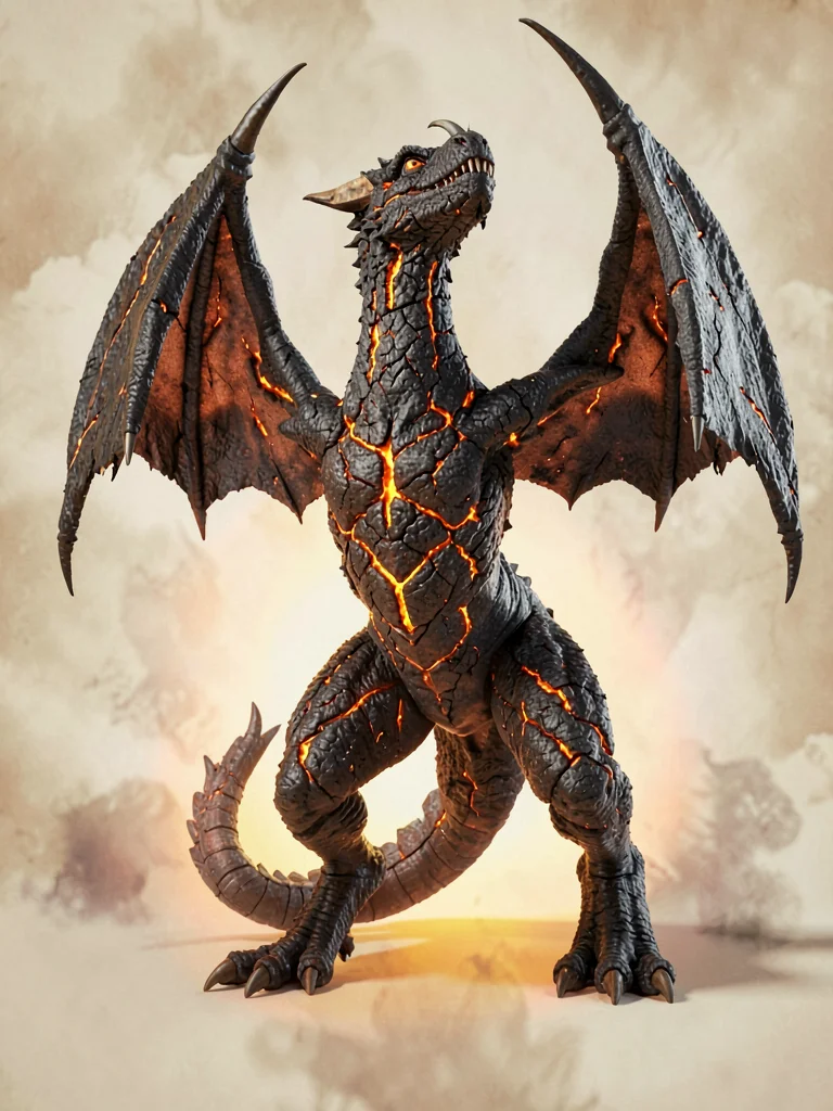 Imperious volcanic-dragon with charred-black hide cracked to reveal molten orang
