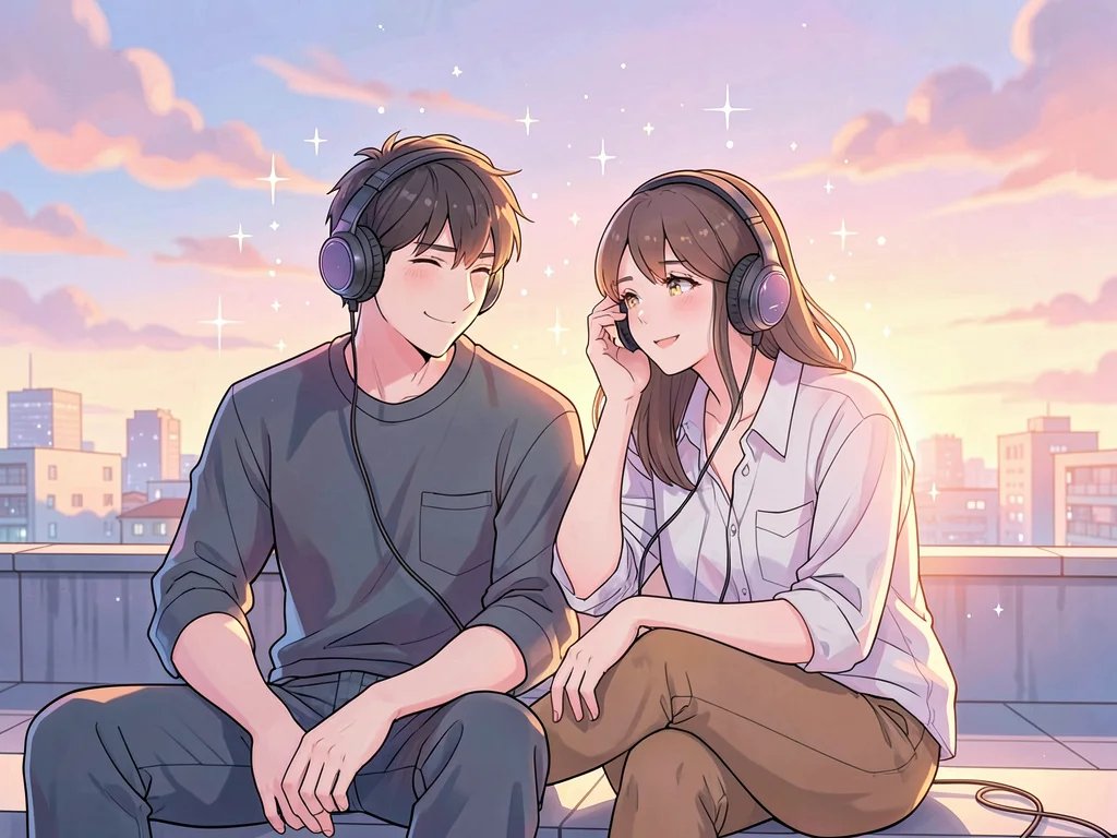 Couple sharing headphones sunset